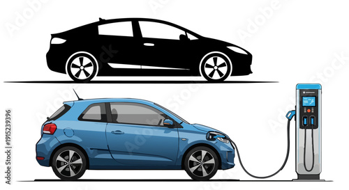Electric car charging station illustration – EV vehicle plugged in vector