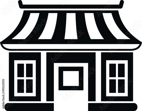 Black and white japanese style storefront with awning representing commerce or market