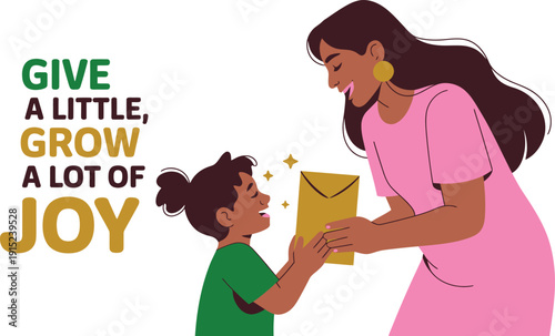 Eid Mubarak Minimal Cartoon Illustration Woman giving yellow envelope to child with joyful expression pink dress green shirt