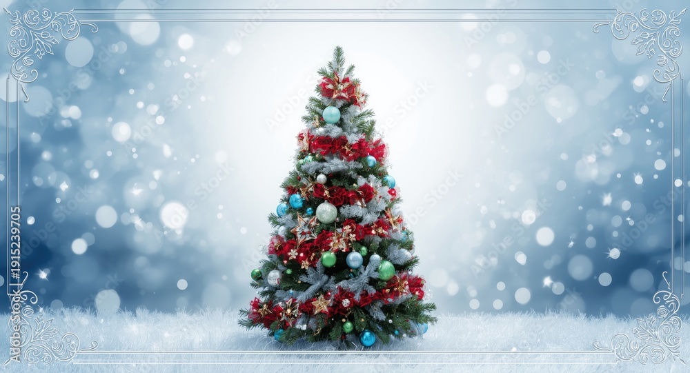 Obraz premium Simple Christmas tree graphic featuring a clean holiday backdrop accented by blue white and red and a decorative border