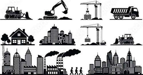 Black Vector Silhouettes of Construction Machinery Including Excavator Bulldozer Cranes and Heavy Trucks with Urban Cityscapes and Industrial Factory Buildings for Civil Engineering Projects