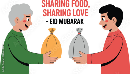 Eid al-Fitr Kids Celebration Cartoon Two men exchanging food bags with Eid Mubarak greeting sharing love