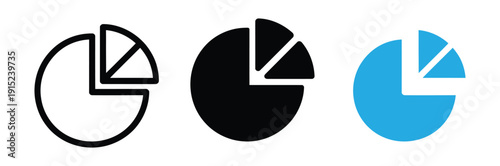 Pie chart icon set. Business graph vector collection. Circle diagram symbols in outline, glyph, and flat styles for finance and data analysis.
