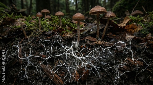 Fungal network thriving in forest ecosystem with mushrooms and mycelium