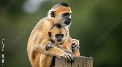 Gibbon Monkeys Hugging on Wooden Post in Forest Environment