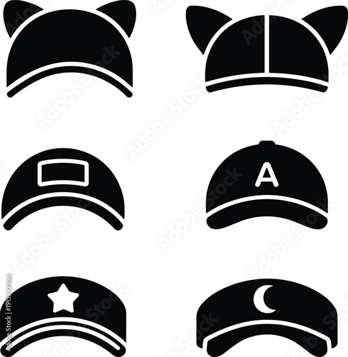 Set of black baseball cap icons with cat ears, star, moon and letter designs, minimalist flat vector hat collection isolated on light background