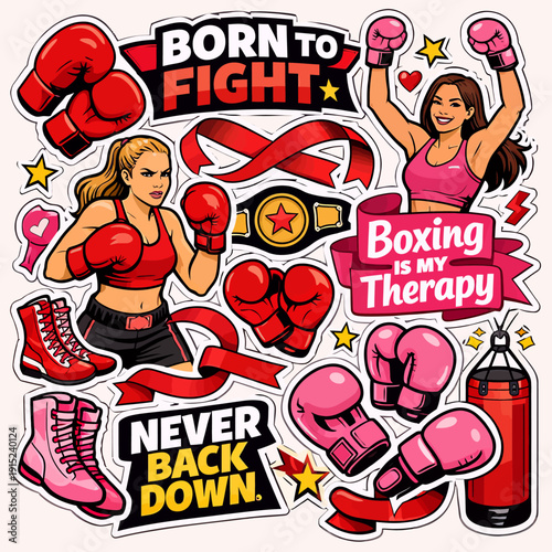 Collection of vibrant boxing-themed stickers featuring female boxers, gloves, boots, belts, and motivational quotes in red, pink, and gold.