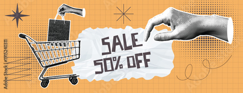 Retro sale promotion horizontal banner design with pop art style shopping cart and hand elements, modern advertising social media cover or header with halftone and paper cutout aesthetics