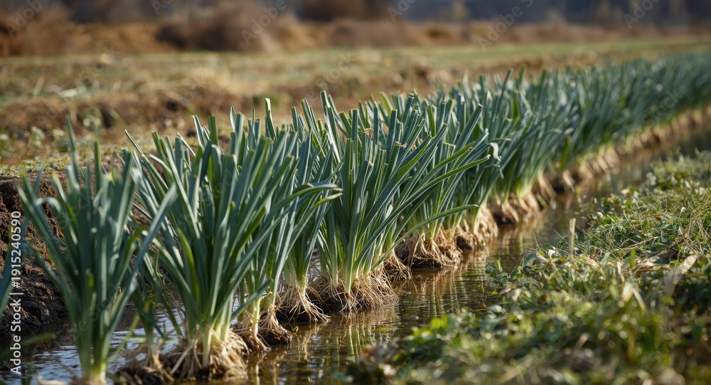 Fototapeta premium Healthy leek and onion plants irrigated via water canals designed for sustainable farming and pollution control