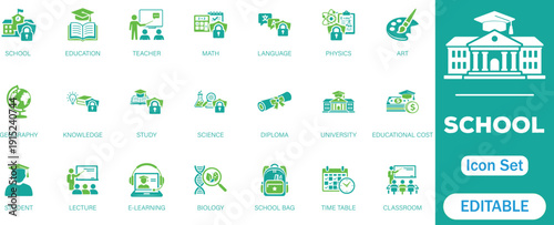 School icon set. featuring education, classroom, students, teacher and more. Education and knowledge symbol. perfect flat icon collection.


