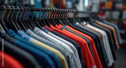 Soccer sportswear t shirts arranged on black hangers in an athletic apparel shop