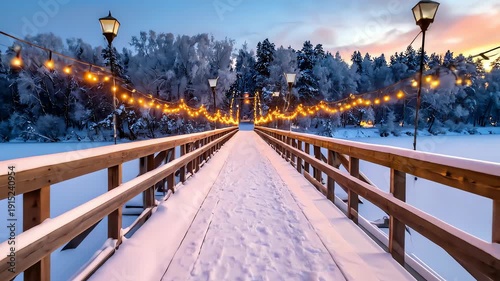 Snowy wooden bridge with string lights at dusk.