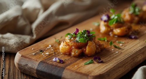 Closeup of a finely prepared dish on a vintage wooden board made for cooking and herb accentuation