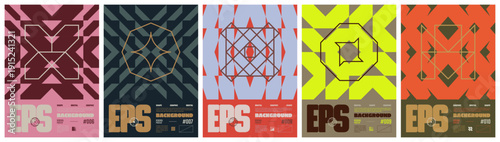 Postmodern geometric compositions with abstract ornament in brutalist aesthetics, A4 print for rave parties, Y2K modern style poster, colorful vector trendy mosaic transition effect, set 2
