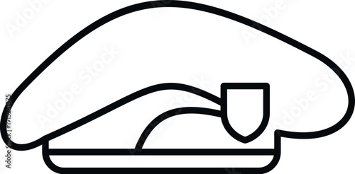 Military beret with a shield emblem flat line icon on white background