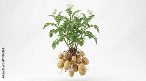 Flourishing potato plant with ripe tubers and white flowers