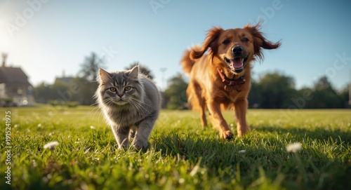 Playful full length view of a cat and dog enjoying a bright green grass lawn on a sunny summer day