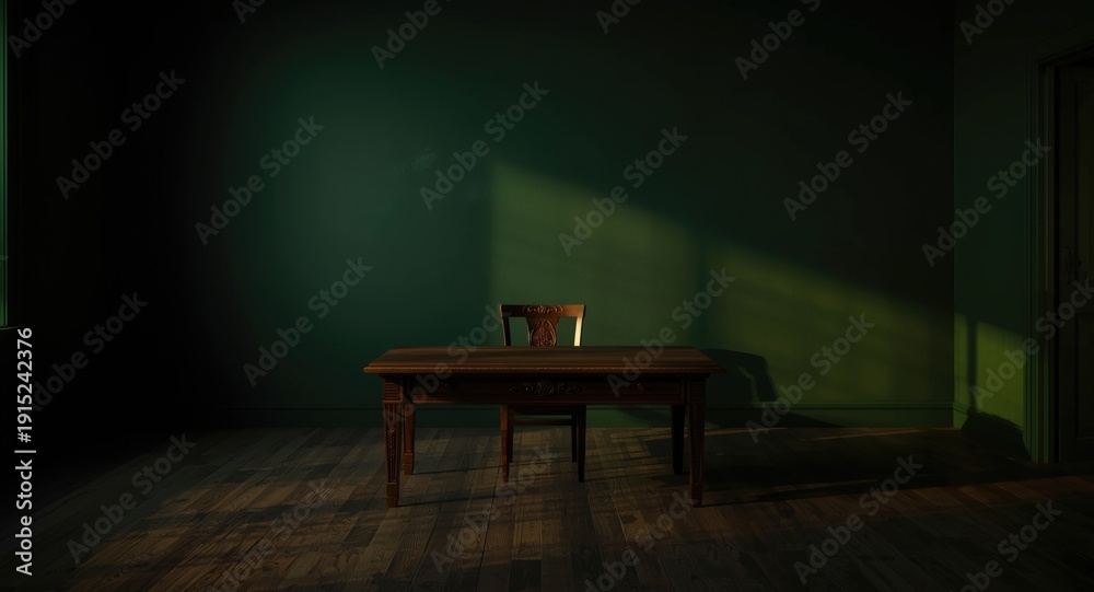Fototapeta premium Room painted in deep green color with wooden table and green chair seating
