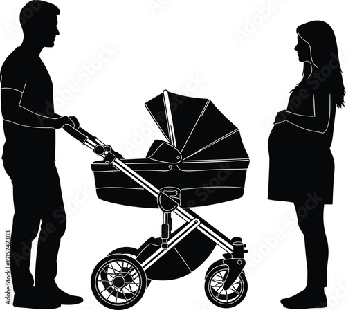 Black Vector Silhouettes of Expectant Mother and Father with a Modern Baby Stroller Isolated on White Background for Pregnancy Motherhood and New Parent Designs