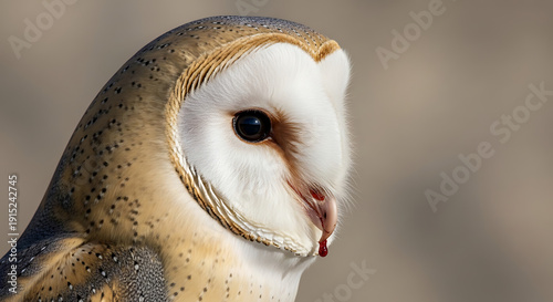 A close-up profile view of a barn owl's face with distinctive white and brown feathers in a natural setting
