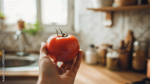 Hand holding organic red tomato, showing fresh healthy vegetable for cooking in a rustic home kitchen, preparing natural food ingredients, copy space