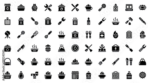 Cooking and Kitchen Icons Set: Utensils, Appliances, Food & Tools