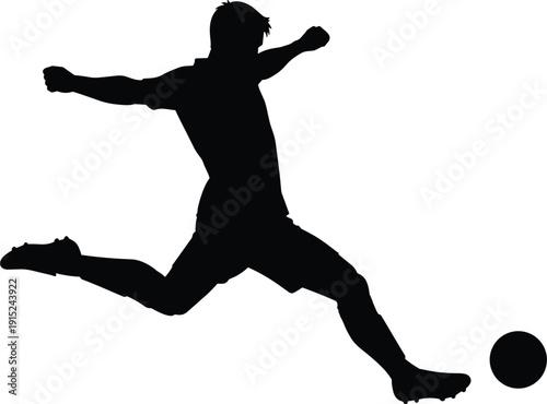 Dynamic silhouette of a soccer player performing a powerful kick towards a football for sports competition and athletic branding.