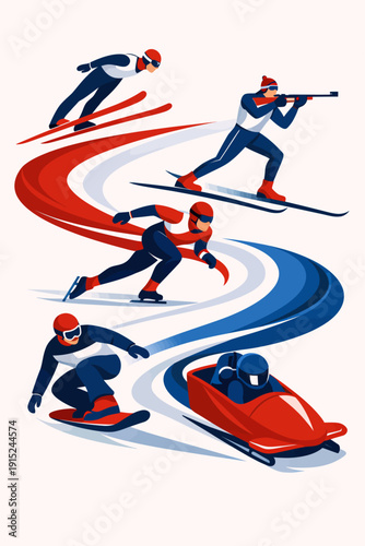 Dynamic illustration of various winter sports athletes including skiing, biathlon, speed skating, snowboarding, and bobsledding on a stylized track.