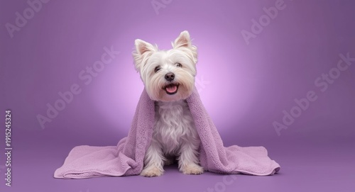 Wallpaper Mural Towel wrapped West Highland White Terrier dog after grooming on purple background with space for text Torontodigital.ca