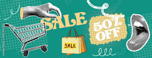 Retro vintage pop art, comic halftone Collage sale banner with halftone dots and retro comic style elements advertising online sale and 50 percent off for social media cover header design