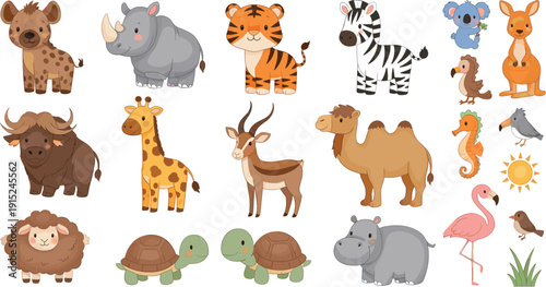 Cute cartoon wild animal head and character set featuring lion tiger hippo flamingo crocodile and exotic parrots isolated on white background.