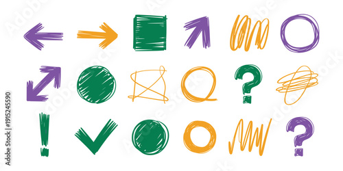 Colorful hand drawn shapes and symbols arrows circles squares question marks exclamation marks