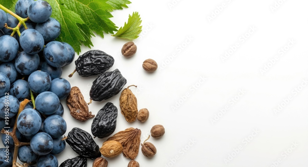 Obraz premium Selection of blue grapes and dried prunes with leafy elements on a white backdrop with copy space