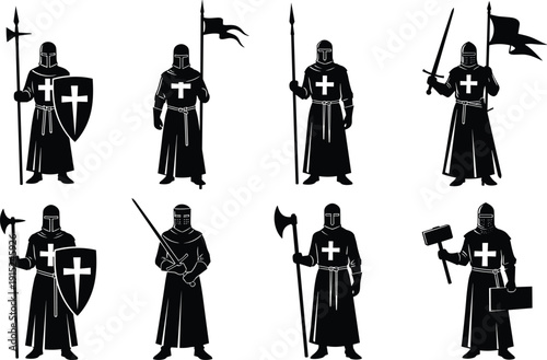 Black Vector Silhouettes of Medieval Crusader Knights with Swords Shields Spears and Flags in Full Armor for Historical War Illustration and Gaming Design Graphics