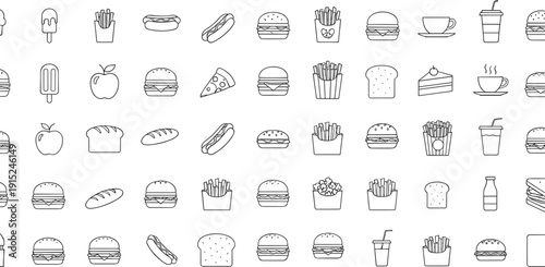 Fast food outline icons set featuring burgers, fries, pizza slices, bread, hot dogs, desserts, and beverage symbols in editable stroke line style