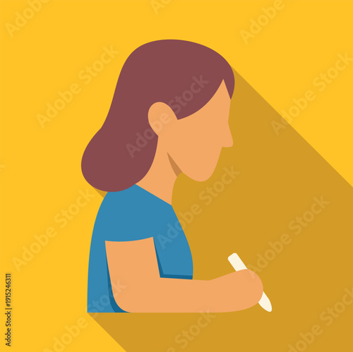 Woman writing with a pen, studying or taking notes in a flat design illustration