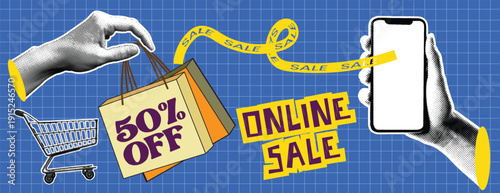 Retro pop art halftone collage sale banner with halftone dots and comic style elements advertising online sale banner for social media cover header design