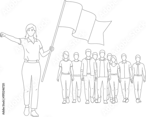 Line art illustration of a woman leading a group of people with a flag.