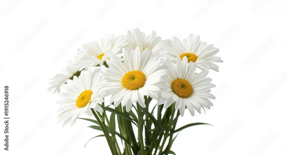 Fototapeta premium Daisies bouquet sharply detailed with white plain backdrop