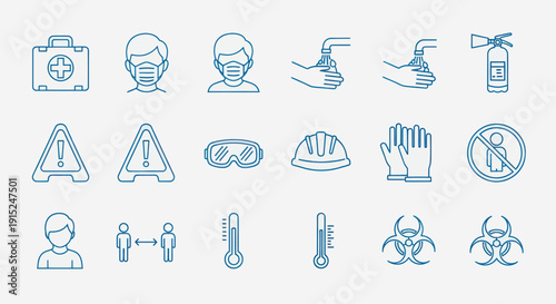 Safety Icons Set: Face Mask, Hand Washing, Social Distancing, First Aid