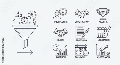 Sales Funnel Stages Icons Set: Prospecting to Closed Deal