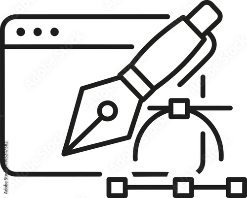 Simple line art illustration of a fountain pen nib editing a webpage.