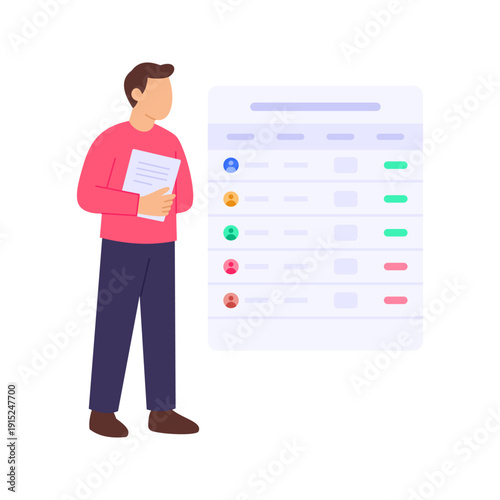 Attendance and Timesheets, tracking employee working hours and presence, Flat vector character illustration