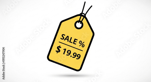 Yellow sale tag with black text and strings discount label for 1999 on white background