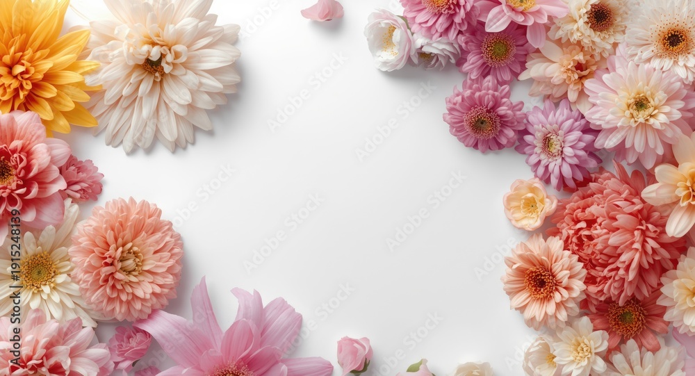 Obraz premium Multi shade flowers positioned on a spotless white background emphasizing copy space