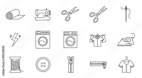 Sewing and Laundry Icons: Machine, Scissors, Needle, Iron, Zipper, Button