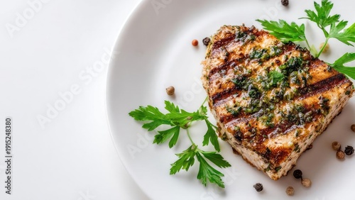 Grilled herb-crusted fish fillet with parsley garnish on a white plate. Concept Grilled herb-crusted fish fillet, Parsley garnish, White plate presentation, Fresh seafood, Gourmet dinner