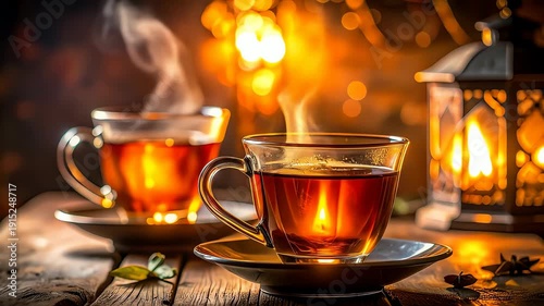 Steaming Tea Cups with Lantern.