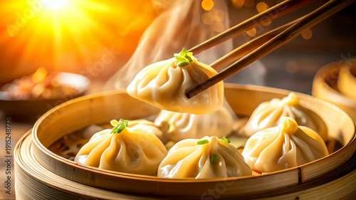 Steamed Dumplings with Chopsticks Closeup.