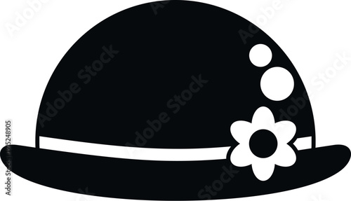 Woman's fashionable bowler style hat featuring a decorative flower and ribbon in black and white